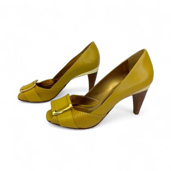 Klub Nico Women's Peep Toe Heels Size BZ 37 US 8 Mustard Yellow Square Buckle - Picture 11 of 13